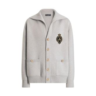 Dolce & Gabbana Cardigan van scheerwol met borduursel - Heren - Truien - Grijs - Maat: L Wol