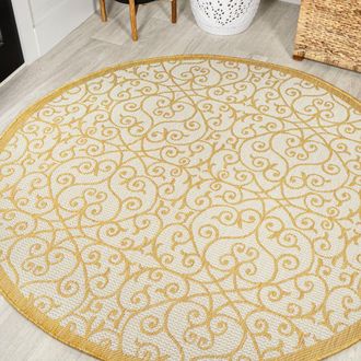 Jonathan Y Designs Madrid Vintage Filigree Textured Weave Indoor/Outdoor Round Area Rug in Cream/yellow at Nordstrom, Size 5Ft 0In X 5Ft 0In