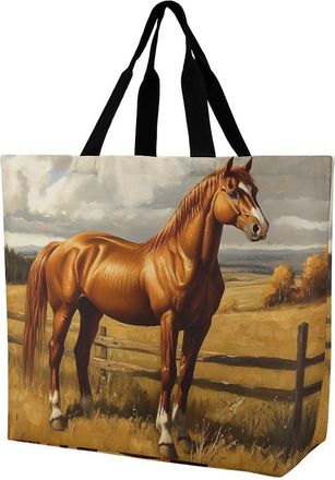 Generic Brown Horse Large Reusable Shopping Bag Lightweight Foldable Tote Bags Washable Shoulder Handbag