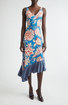 Etro Asymmetric Ruffle Hem Midi Dress in Print On Pale Blue Base at Nordstrom, Size 6 Us