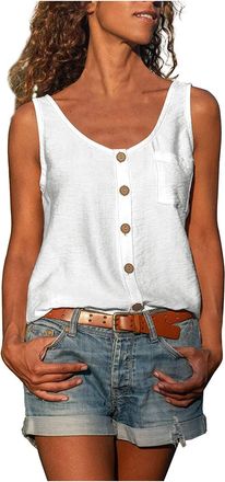 Generic Tops T Scoop Tank Down Blouses Women Button Neck Pocket Sleeveless Loose Shirts Womens Blouse Cropped Tops Pack (White, XL)