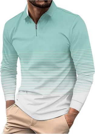 Generic Mens Polo Long Sleeve Zip Neck Shirt with Fold Collar Gradient Line Print Lightweight Pullover Casual Fit Stylish Everyday Top for Office Travel Outdo