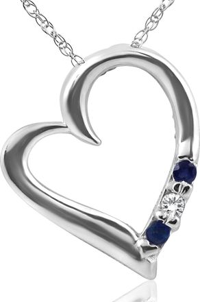 Pompeii3 Diamond & Blue Sapphire Heart Pendant 3-Stone 14K White Gold with 18 Chain