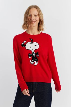 Chinti and Parker Velvet-Red Wool-Cashmere Dancing Snoopy Sweater