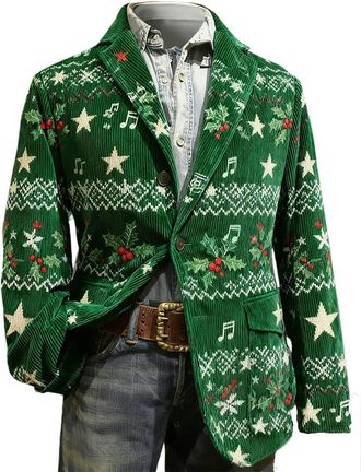 Generic Christmas Blazers for Men UK Corduroy Jacket Ugly Christmas Blazer Jackets Xmas Festive Costume Party Blazer Slim Fit Single-Breasted Suit Jacket Nove