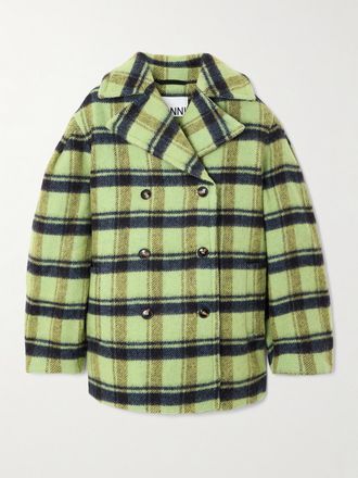 Ganni Cappotto Doppiopetto Oversize In Lana Spazzolata A Quadri - Verde