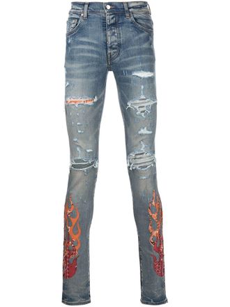 Amiri paisley-print ripped skinny jeans - Blue