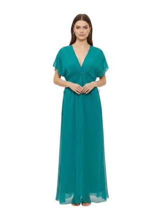 Pinko Green Solid V Neck Maxi Dress