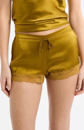 Etam Milky Lace Trim Washable Silk Satin Pajama Shorts in Acid Yellow at Nordstrom, Size X-Small