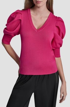 DKNY Puff Sleeve V-Neck Sweater in Hot Pink at Nordstrom, Size X-Large
