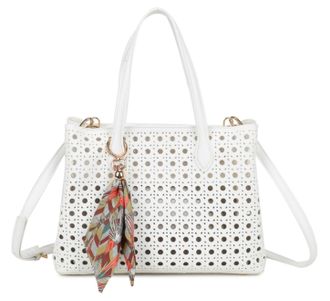 Generic Perforated Tote Bag, Laser Cut Design with Scarf Charm, Shoulder Handbag with Crossbody Strap (White)
