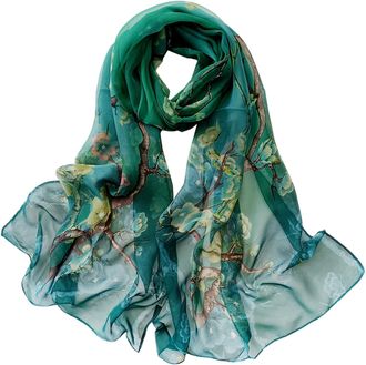 Generic Scarfs for Women Chiffon Scarf Lightweight Plum Blossom Leaf Pattern for Beach Daily Party Banquet (Plum Blossom Green)