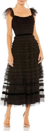 Mac Duggal Ruffle Cap Sleeve Embellished Tiered Midi Dress in Black at Nordstrom, Size 10