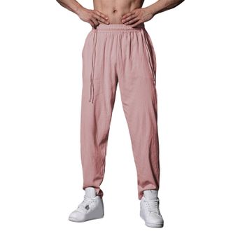 Generic Mens Plain Cotton Linen Trousers - MenS Linen Slim Fit Trousers Drawstring Cropped With Elastic Waist Lightweight Flat Front Pants Straight Legs Trous