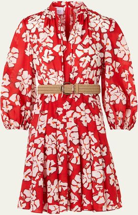 Akris Papercut Flower-Print Crepe Balloon-Sleeve Belted Dress