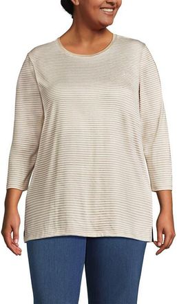 Lands End 3/4 Sleeve Cotton Supima Tunic in Champagne Micro Stripe at Nordstrom, Size 1X