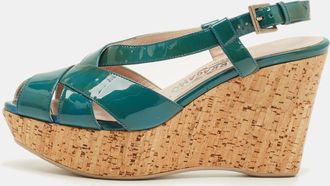Ferragamo Blue Patent Leather Cork Wedge Slingback Sandals