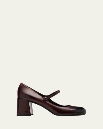 Miu Miu 65mm Leather Cap-Toe Mary Jane Pumps
