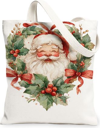 Generic Holiday Canvas Tote Bags, Festive Santa Wreath Design Reusable Grocery Bags, Classic Rustic Lightweight Washable Shoulder Strap Canvas for Gifts Shopp