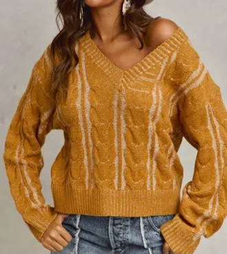 So Me Twisted Two-Tone V-Neck Sweater In Mustard
