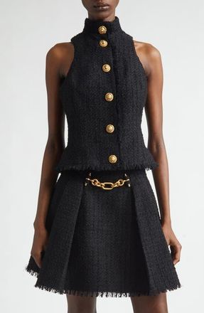 Balmain Button Front Fringe Tweed Top in 0Pa Black at Nordstrom, Size 12 Us