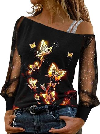 Generic Women Lace Puff Long Sleeve Shirt Sequin Red Wine Glass Printed T-Shirt Loose Casual Blouse Sexy Off The Shoulder Pullover Christmas Sequin Tops for W