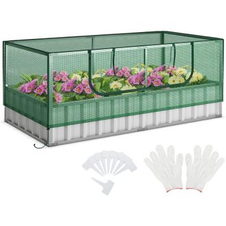 Costway Costway - Fioriera da Esterno Zincata con Copertura, Orto Rialzato con Tendina Avvolgibile, Guanti e 8 Etichette per Piante, Letto da Giardino