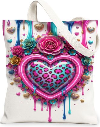 Generic Floral Heart Canvas Tote Bag, Colorful Flower Pattern Reusable Shopping Bags, Spring Vintage Chic Lightweight Washable Shou, White, 13x15 Inch