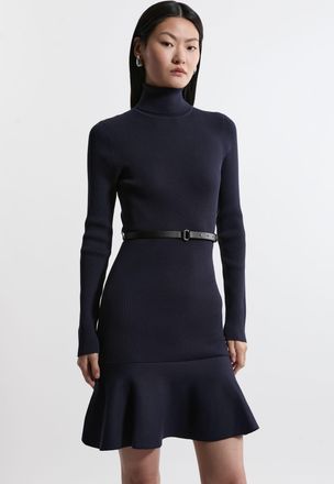 Karen Millen Womens Viscose Blend Knit Roll Neck Belted Flippy Hem Mini Dress - Navy Polyamide - Size X-Small