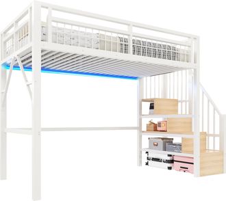 STILVORA Cama Alta 140 X 200 Cm Con Led Y Escalera De Almacenamiento, Sin Colch&oacute;n, De Metal, Blanco
