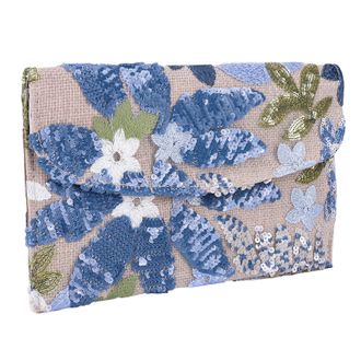 Generic Floral Embroidery Sequin Evening Clutch Bag Straw Bag Handbag for Women (Blue)