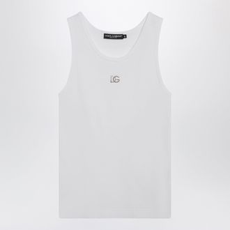 Dolce & Gabbana Cotton tank top with DG embroidery and rhinestones, white