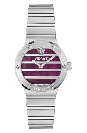 Versace Greca Logo Mother-of-Pearl Bracelet Watch, 33mm in Magenta/Stainless Steel at Nordstrom