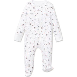 Petite Plume Print Pima Cotton Zip Footie in White at Nordstrom, Size 0-3M