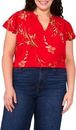 CeCe by Cynthia Steffe Floral Flutter Sleeve V-Neck Challis Top in Fiery Red at Nordstrom Rack, Size 3X