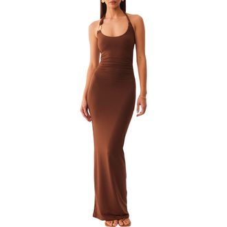 SNDYS Ash Hardware Detail Halter Maxi Dress in Mocha at Nordstrom, Size X-Small
