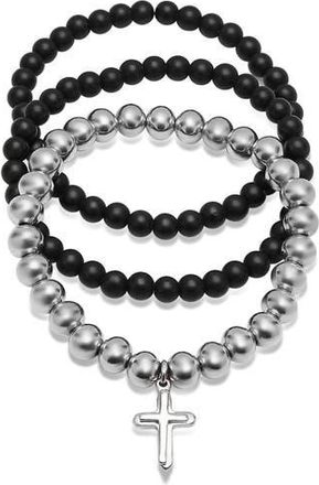 HMY Jewelry 3-Tone Stainless Steel Cross Charm Beaded Bracelet - Set of 3 in Black-Metallic at Nordstrom Rack