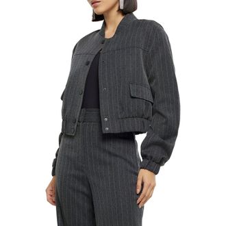 River Island Heat Seal Pinstripe Bomber Jacket in Grey at Nordstrom Rack, Size 10