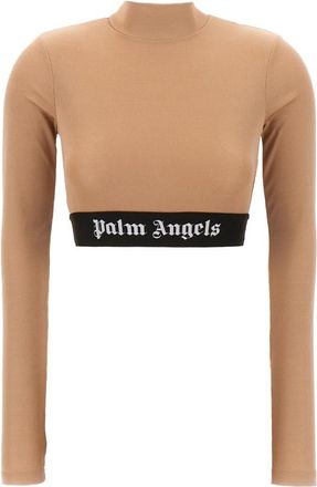 Palm Angels Cropped Top met Logo - Dames - Longsleeves - Beige - M - Polyester - Tops