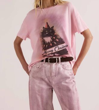 Free People Merry Meowy Tee In Pink Combo