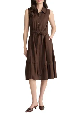 Jones New York Tie Waist Sleeveless Midi Dress in Fudge at Nordstrom, Size 12P