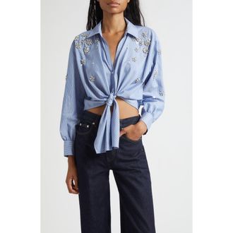 Cinq &agrave; Sept Lola Stripe Rhinestone Embellished Tie Front Button-Up Shirt in Blue Multi at Nordstrom Rack, Size X-Small