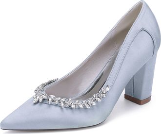 Generic Womens Chunky Heels Pumps Bridal Rhinestones Pointed Toe High Heels Wedding Party Dress Slip on Pumps Shoes 8.5Cm,Silver,10 UK