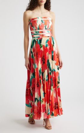 Hutch Sabina Floral Tiered Pliss&eacute; Gown in Ivory/Coral Watercolor at Nordstrom, Size 12
