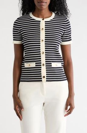 T Tahari Stripe Short Sleeve Crop Cardigan in Nightlife/White at Nordstrom Rack, Size X-Small