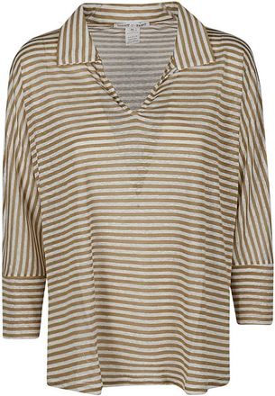 Zero &deg;C Gestreept poloshirt - Dames - Tunieken - Beige - M - Linnen - Overhemden