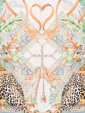 Ferragamo Leopard and Tropical Leaf Print Silk Scarf - Ivory