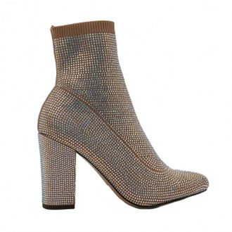 Wildpair Womens Baybe Rhinestone Block Heel Sock Booties In Nude Bling