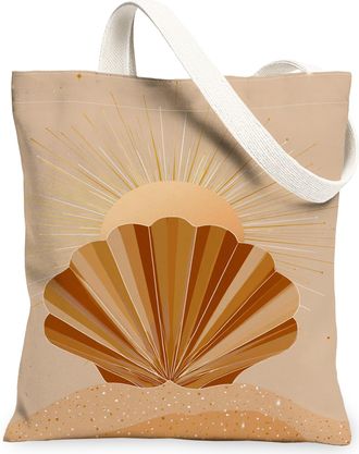 Generic Bohemian Shell Canvas Tote Bags, Vintage Sun Pattern Reusable Grocery Bags, Summer Lightweight Washable Shoulder Strap Canv, Beige, 13x15 Inch