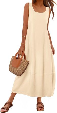 Merokeety Womens Casual Maxi Sundress 2025 Summer Beach Dress Scoop Neck Sleeveless Loose Tank Dress, Apricot, L